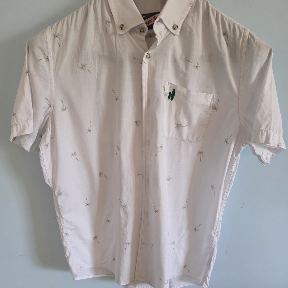 johnnie-O‎ White Casual Button Down Shirt With Palm Tree Design Size Kids 16